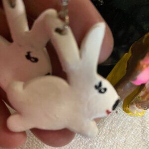White Easter Bunny dangling clay earrings. Handpainted and crafted.